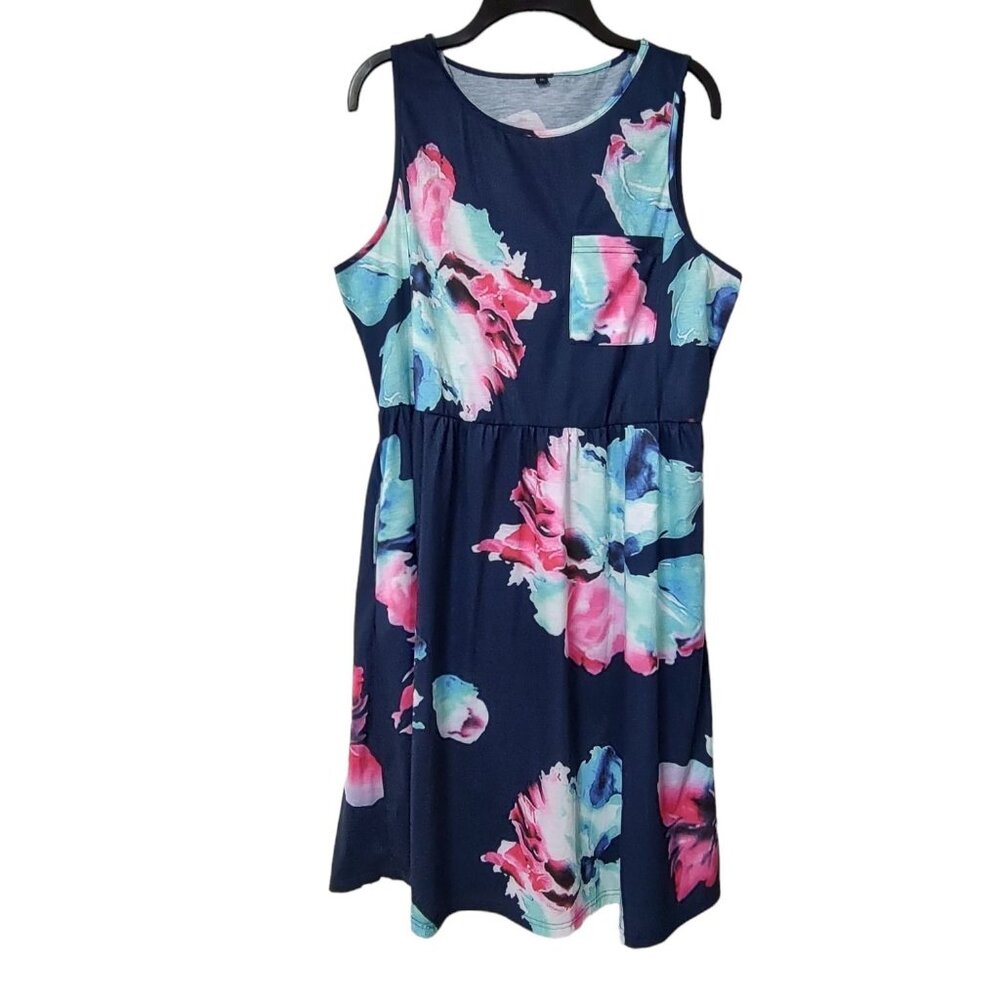 Womens Navy Blue Floral Casual Dress A Line Sleeveless Round Neck Size XL